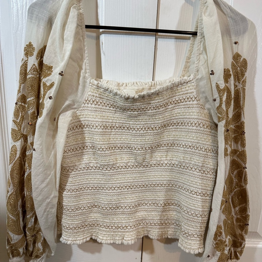 Anthropologie white Womens blouse, with tan embroidery and small brown sequins - Picture 3 of 9